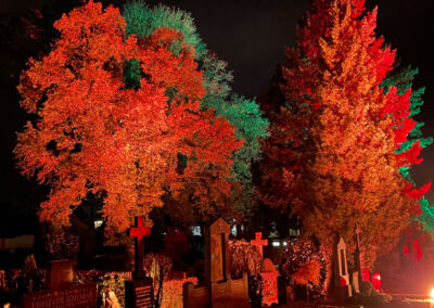 Bunte Beleuchtung in der Nacht des Friedhofs auf dem Siegburger Nordfriedhof am 31.10.2021 und 01.11.2021.